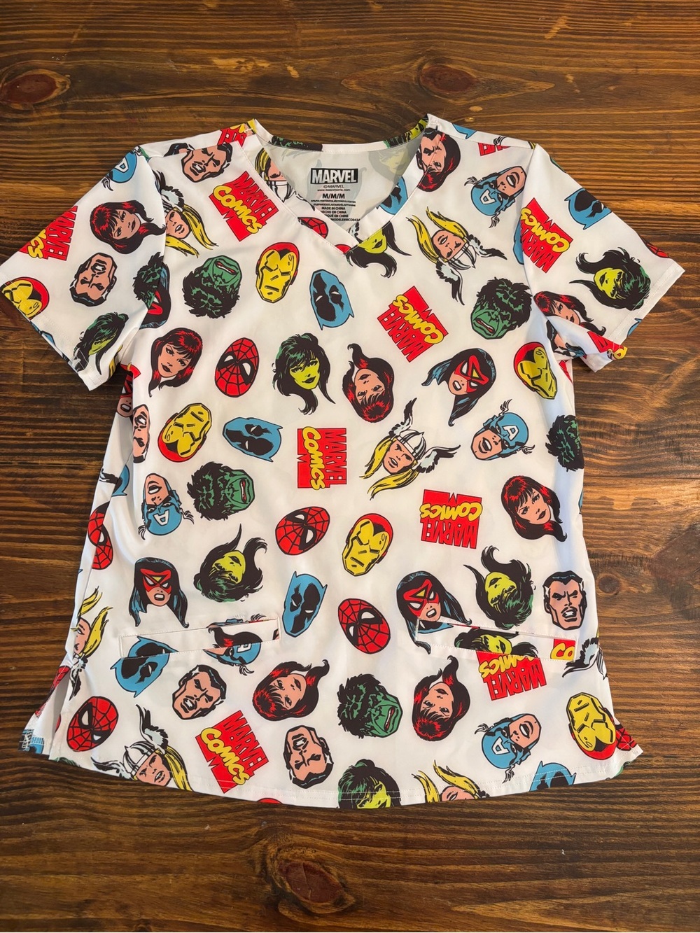 Marvel Licensed Scrub Top | Size Medium | Superhero Print | Isaac Morris